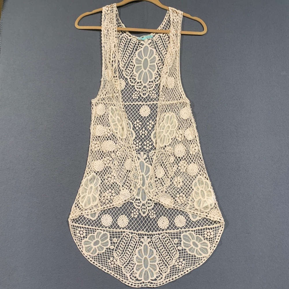 Maurices Crochet Lace Vest Women Medium Cream Boho Floral Sheer Layering Coverup